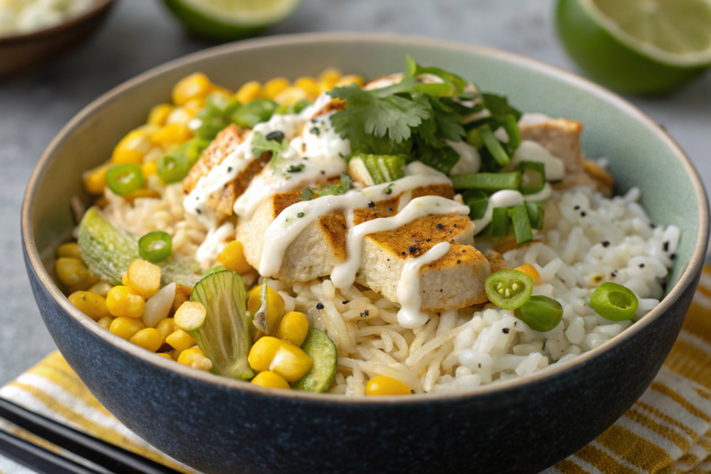 Chicken Street Corn Rice Bowls 5 A colorful chicken street corn rice bowl filled with grilled chicken, roasted corn, creamy sauce, diced avocado, and fresh cilantro, garnished with lime wedges.