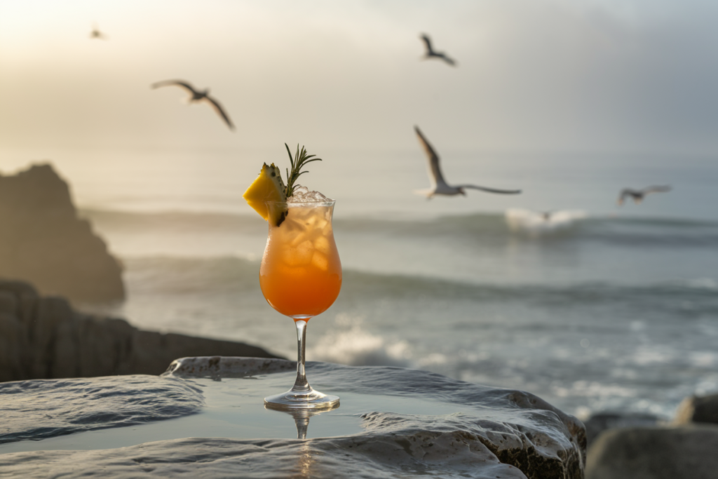 Cocktail made with Dead Man's Fingers Pineapple Rum, garnished with fresh fruit and herbs