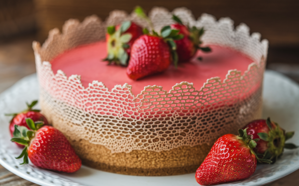 A slice of frozen cheesecake with a smooth, creamy texture, served with fresh berries on a white plate