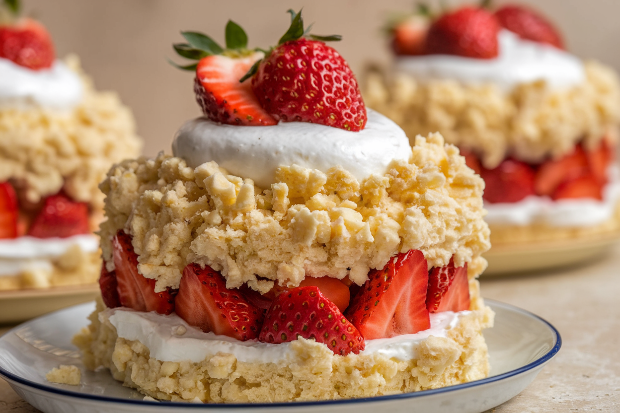 Ingredients for strawberry shortcake crunchies, including shortbread cookies and freeze-dried strawberries