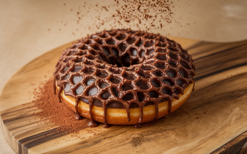 Close-up of chocolate-glazed donuts with a glossy finish