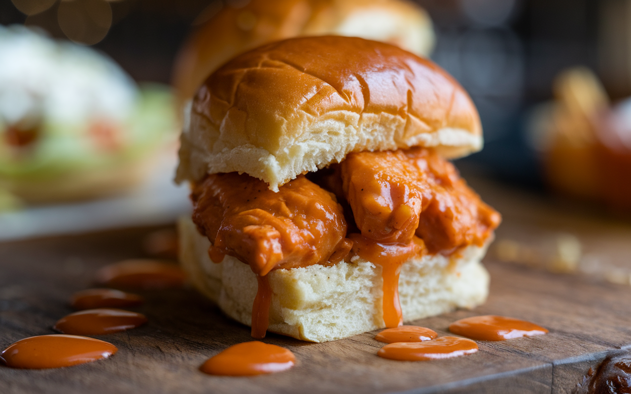 Close-up of Arby's Buffalo Chicken Slider with buffalo sauce and Parmesan Peppercorn Ranch