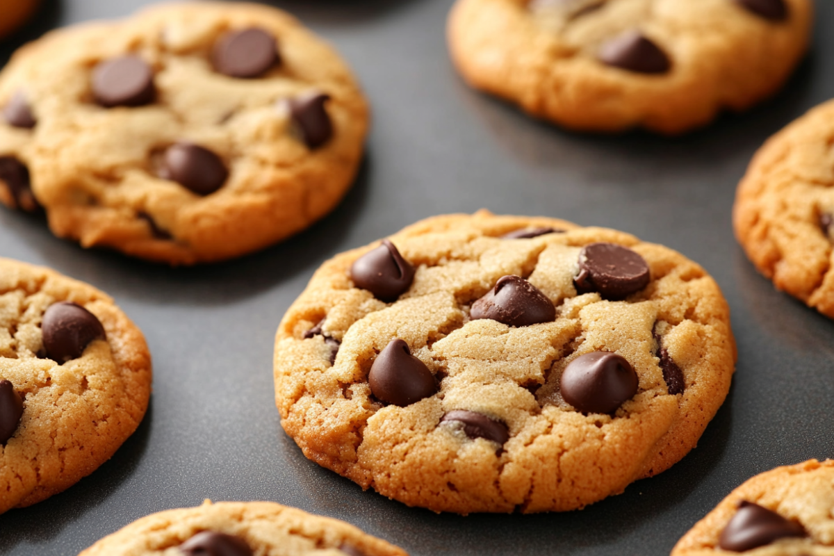 Close-up of fluffy chocolate chip cookies fresh from the oven.