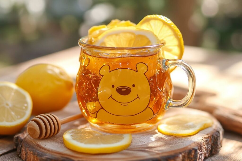 Winnie the Pooh-themed honey drink with lemon and tea.