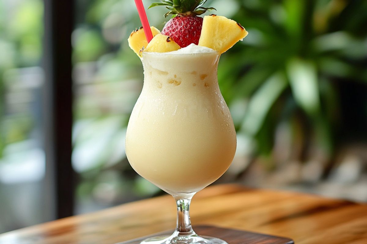 Coco Colada cocktail with coconut cream, pineapple juice, and rum garnished with a pineapple wedge.