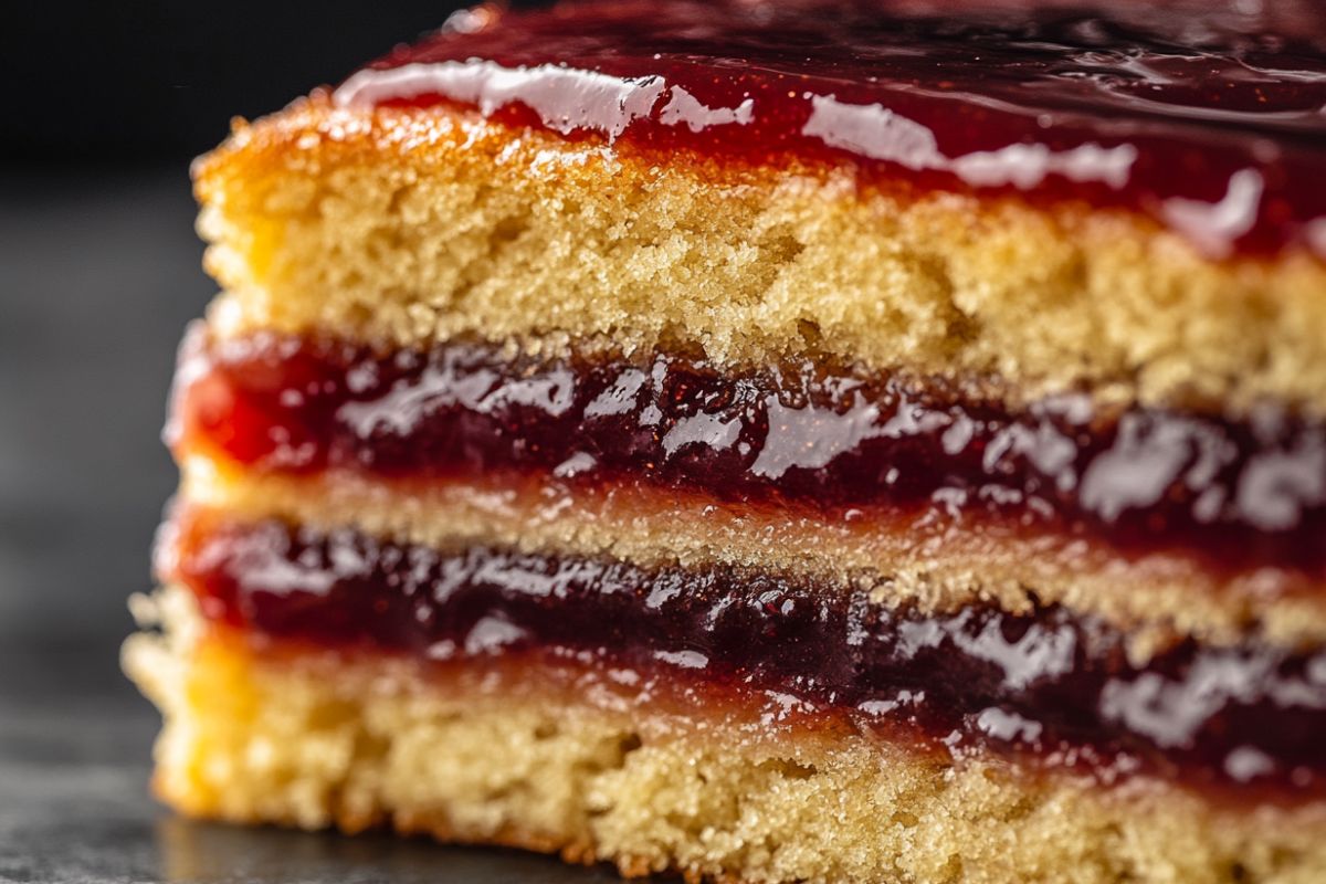 Jam being spread between layers of a sponge cake for a fruit-flavored filling.