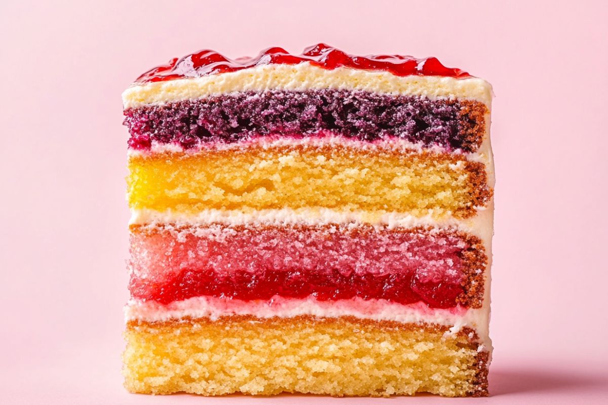 Close-up of cake layers filled with jam, jelly, and preserves, showcasing texture differences