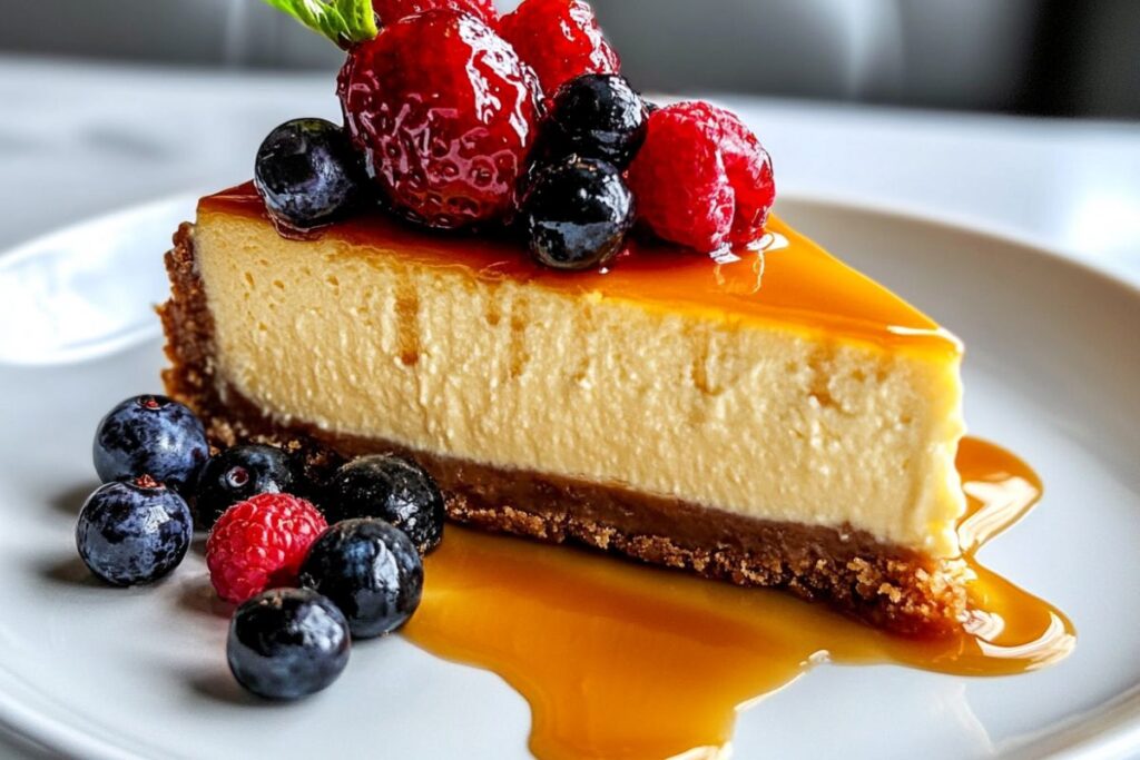 Slice of cheesecake with toppings on a plate