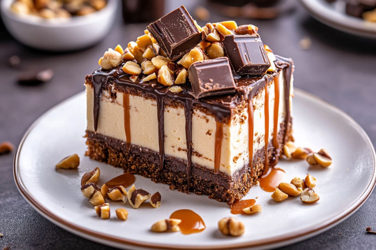 A slice of Snickers cake with chocolate, caramel, and chopped peanuts