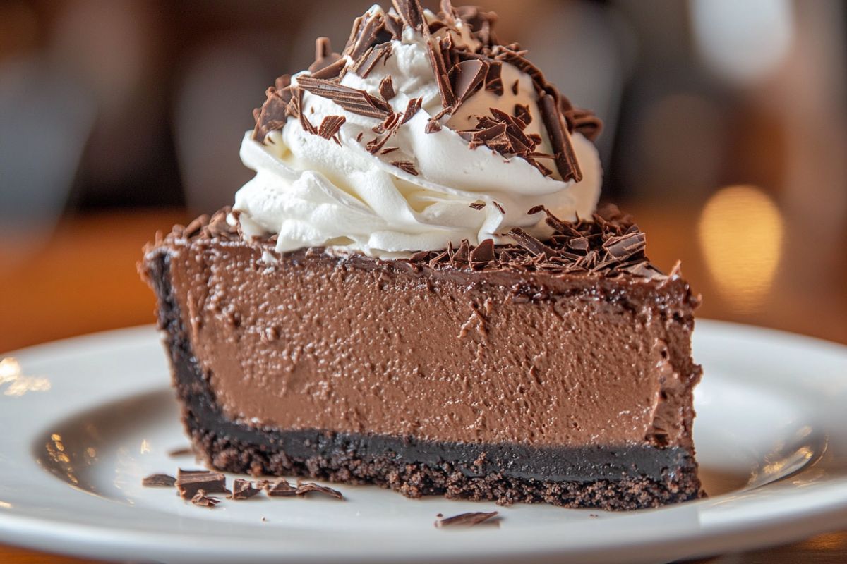 Large slice of chocolate cheesecake with toppings