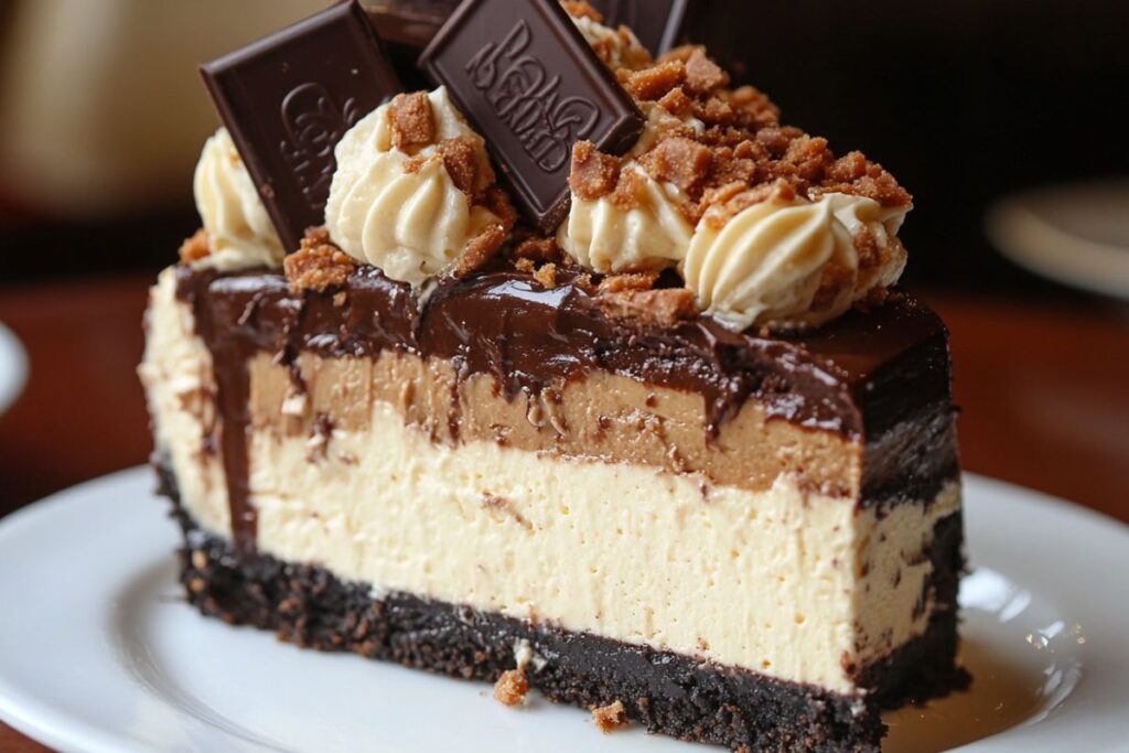 Slice of Cheesecake Factory Reese's Peanut Butter Cheesecake with nutritional information