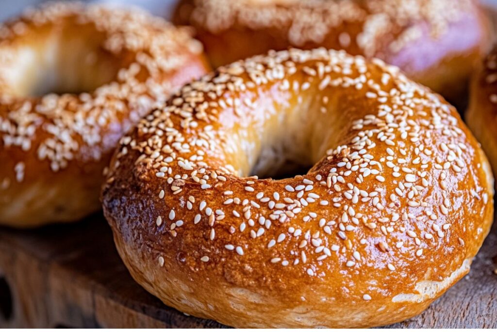 Freshly baked sourdough bagels with a golden-brown crust and sesame toppings.