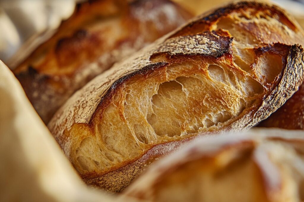 Sourdough bread on a cutting board showing its chewy texture and crispy crust.