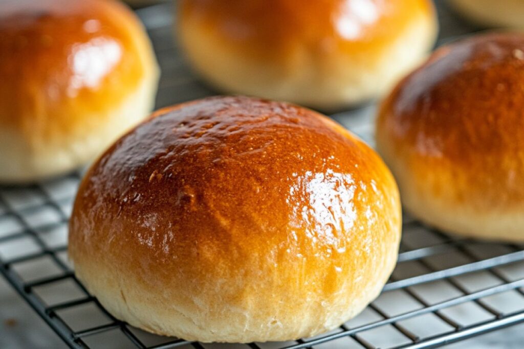 Freshly baked sourdough hamburger buns on a cooling rack.