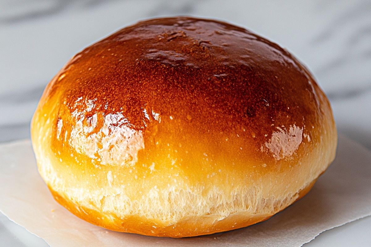 Close-up of a healthy sourdough bun showing its golden crust and soft interior.