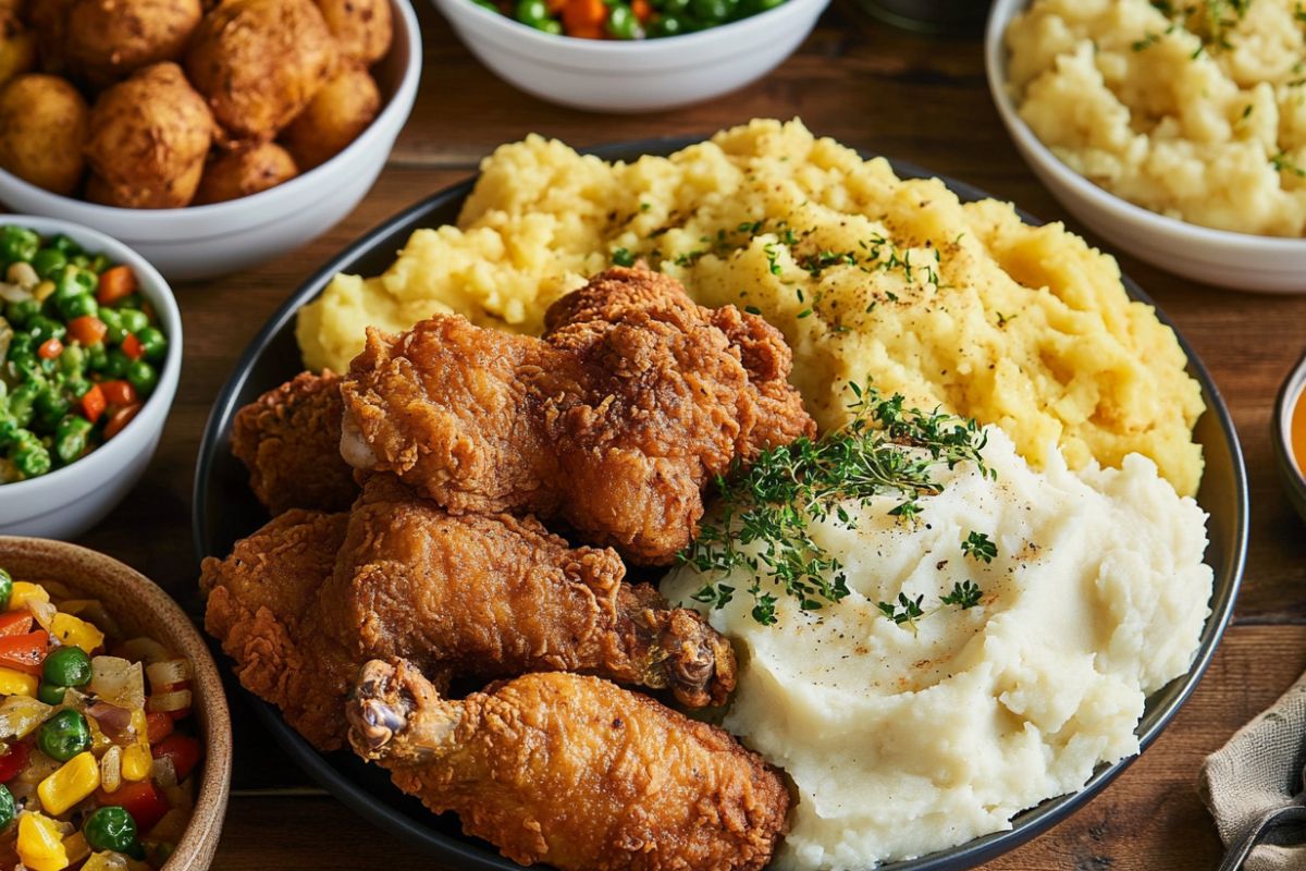 Side dishes served with Marry Me Chicken including mashed potatoes, vegetables, and garlic bread.