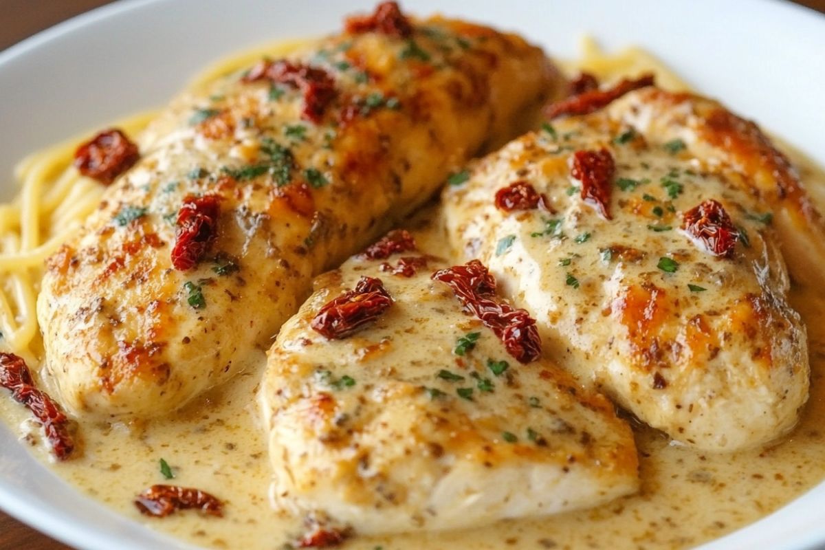 A plate of Marry Me Chicken with creamy sauce and sun-dried tomatoes