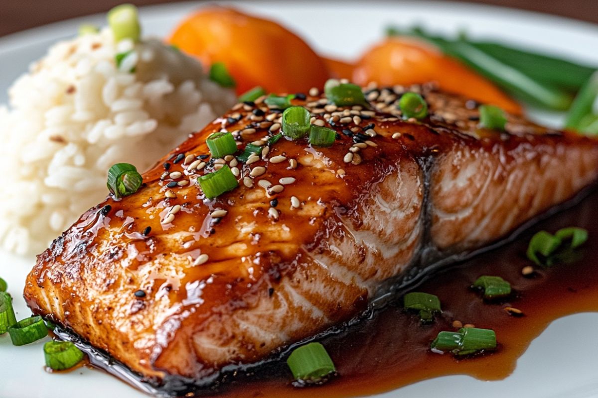 Miso glazed salmon fillets with a caramelized glaze served with rice and vegetables.