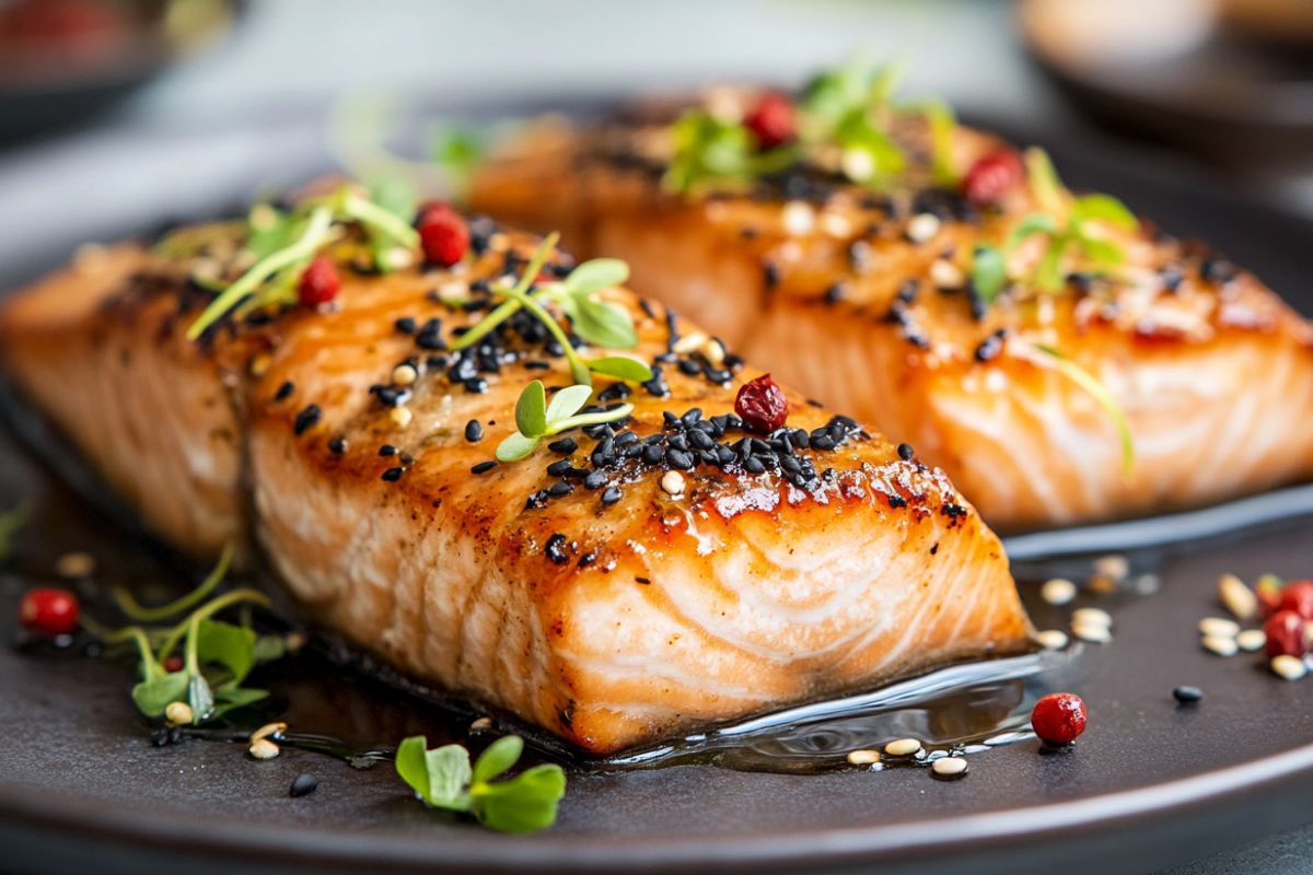 Grilled miso-glazed salmon with a caramelized crust on a white plate, garnished with green onions and sesame seeds.