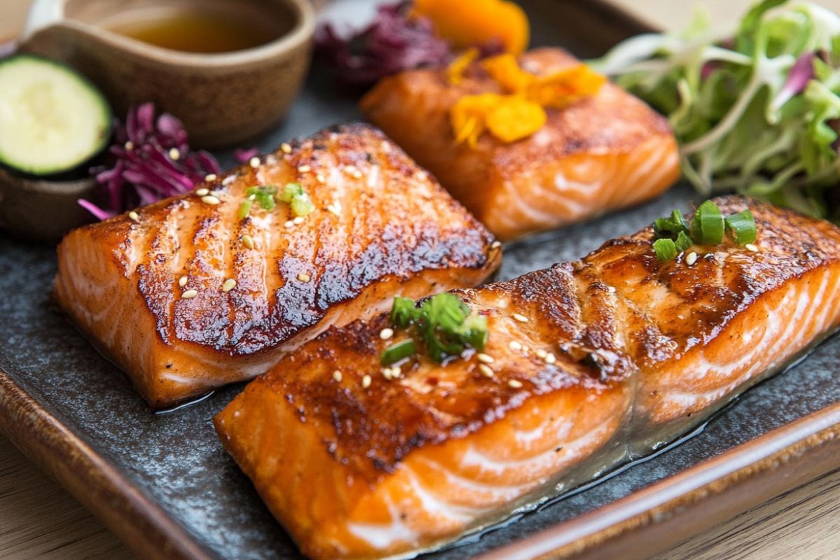 Miso salmon served with ginger rice and steamed vegetables, offering a colorful, umami-rich meal.