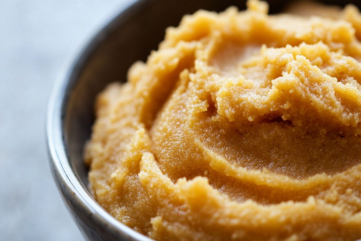 Miso paste in a bowl with ingredients for a recipe, showcasing its versatility in cooking.