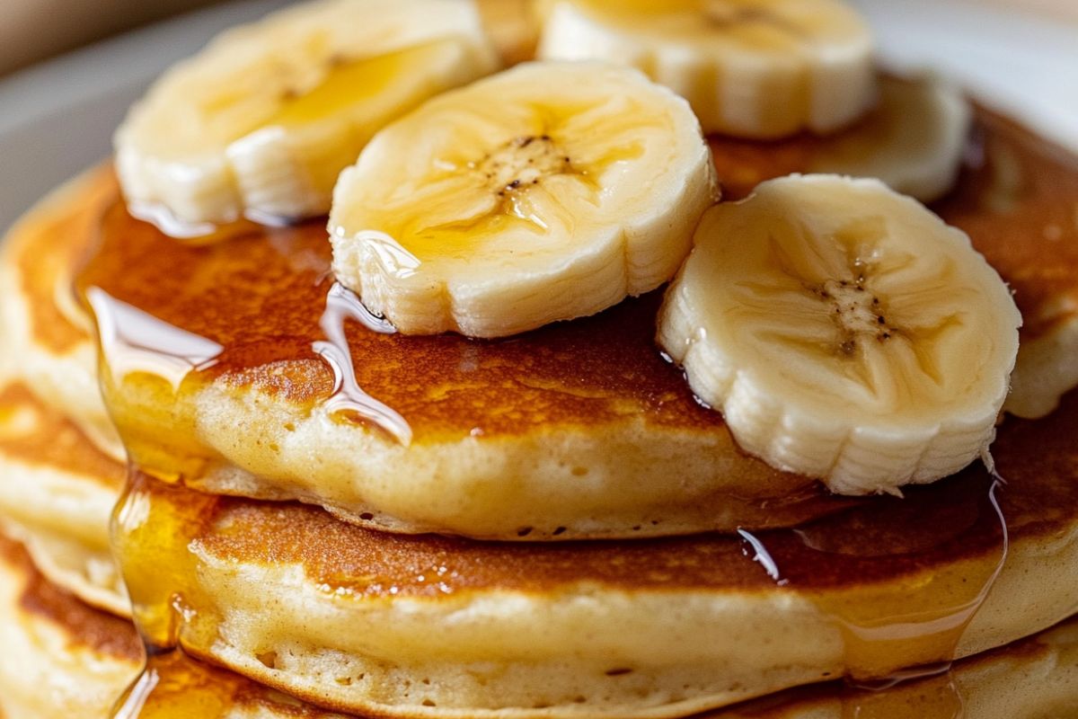 Banana pancakes with a fluffy texture on a plate, garnished with fresh bananas and syrup.