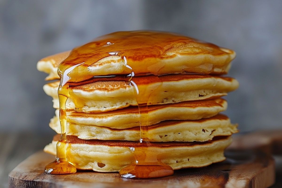 Fluffy pancakes on a plate with syrup, showing the ideal texture after following pancake-making tips.