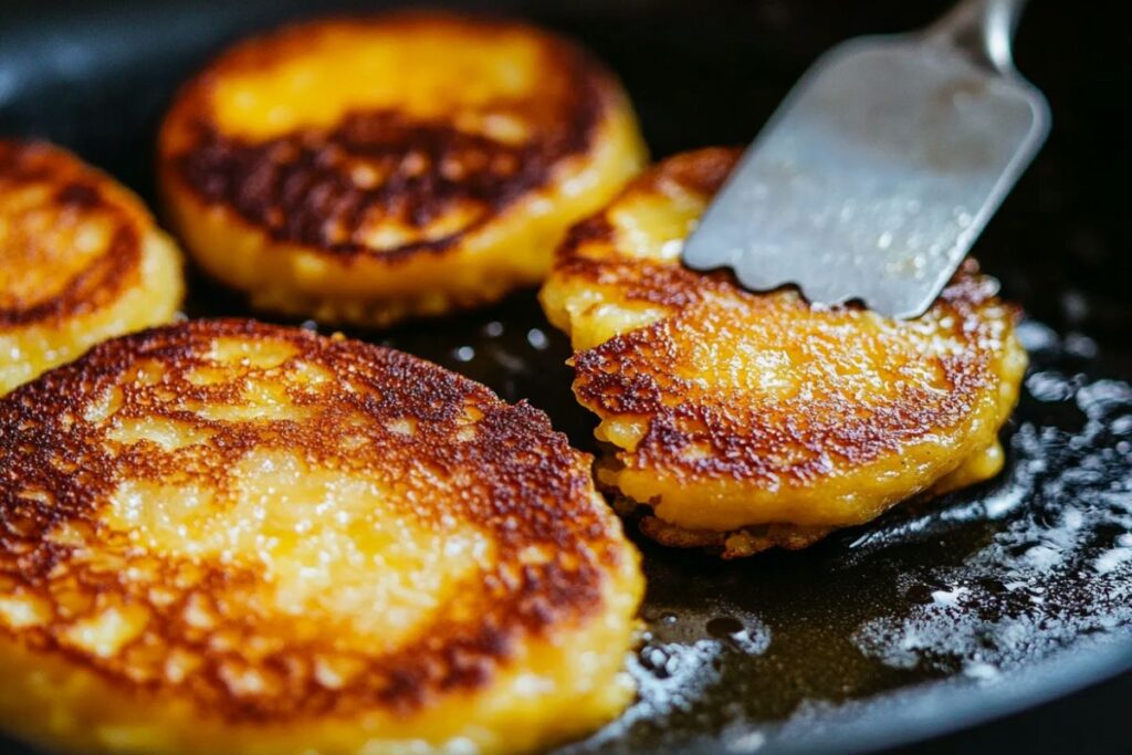 Banana and egg pancakes in a frying pan being flipped with a spatula