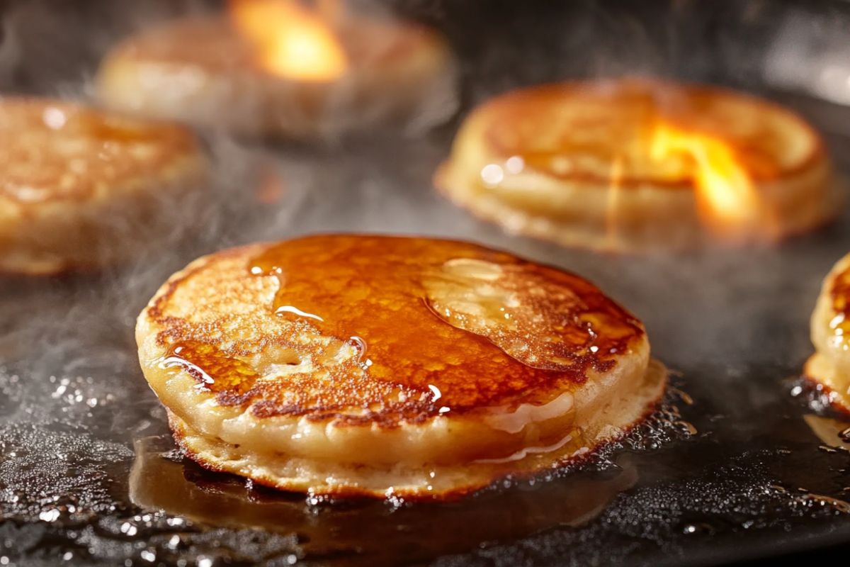 Close-up of banana pancakes sticking to a pan, illustrating the issue of sticky banana pancakes during cooking.