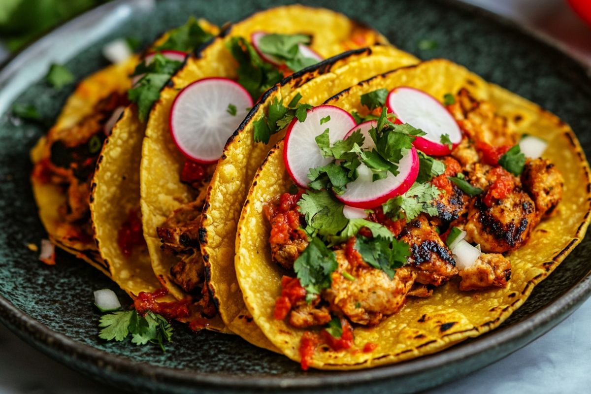 Cherry Pepper Tacos with fresh cilantro, lime, and radishes served on a corn tortilla