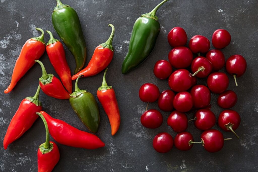 Cherry peppers and jalapeños side by side, showing differences in size, color, and heat.