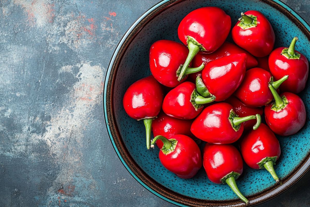 Fresh cherry peppers used in cooking and salads.