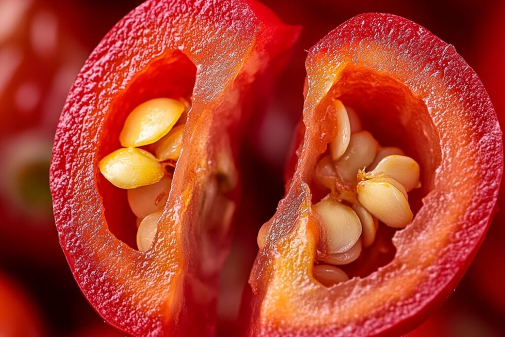 Red Cherry Bomb pepper cut in half, showing thick flesh perfect for stuffing or pickling.