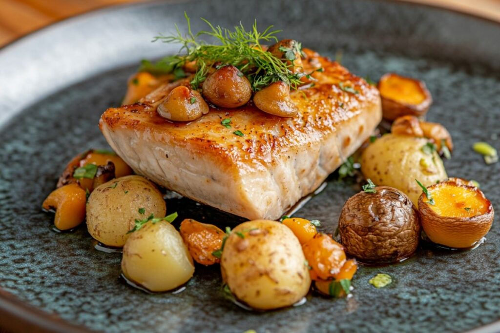 Pan-seared sturgeon fillet with sautéed mushrooms and potatoes