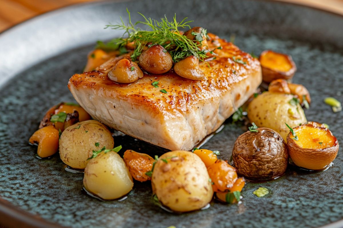 Pan-seared sturgeon fillet with sautéed mushrooms and potatoes