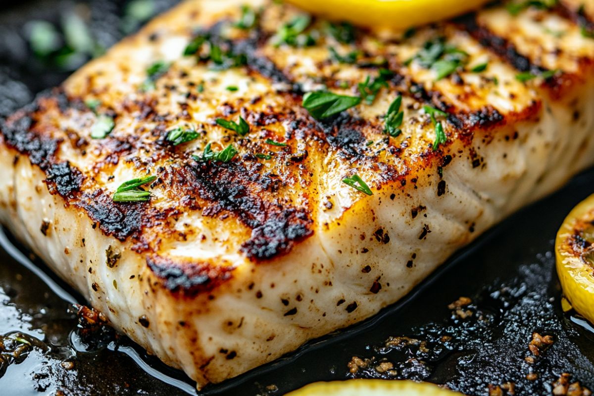 A perfectly grilled sturgeon fillet served with fresh herbs and lemon slices.