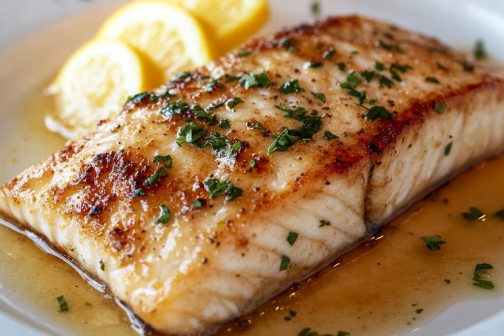 Freshly cooked sturgeon fillet on a plate with herbs and lemon slices