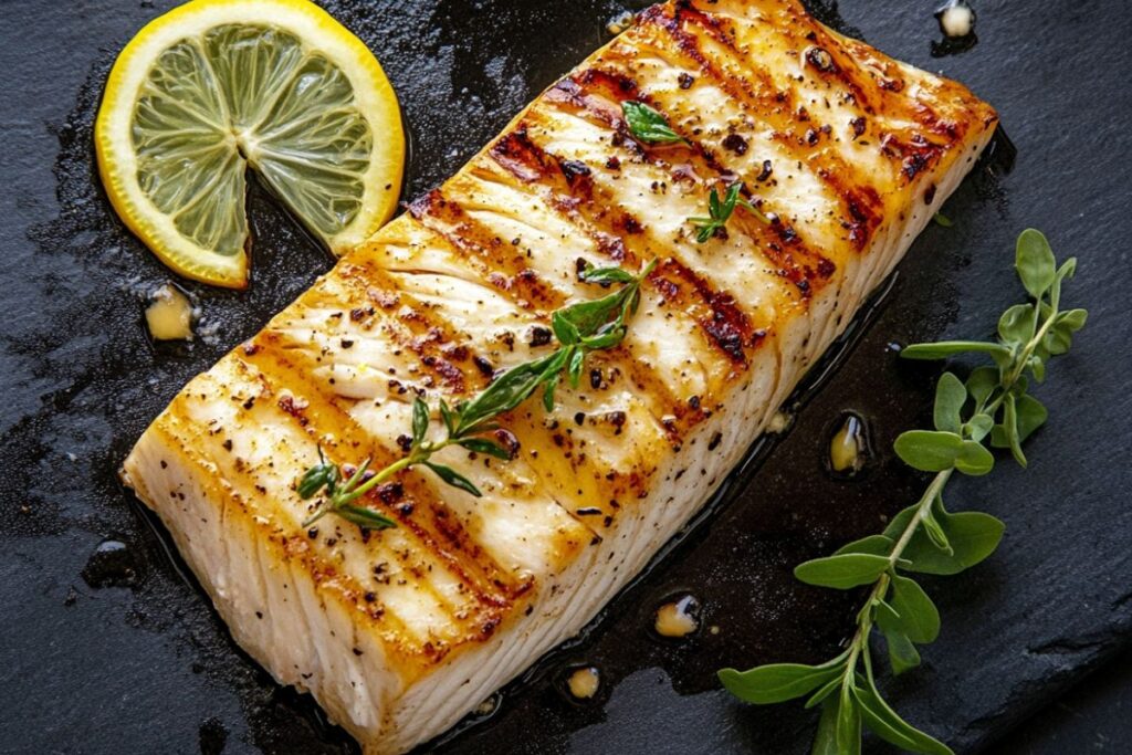 Grilled sturgeon steak showcasing its firm texture and mild flavor.