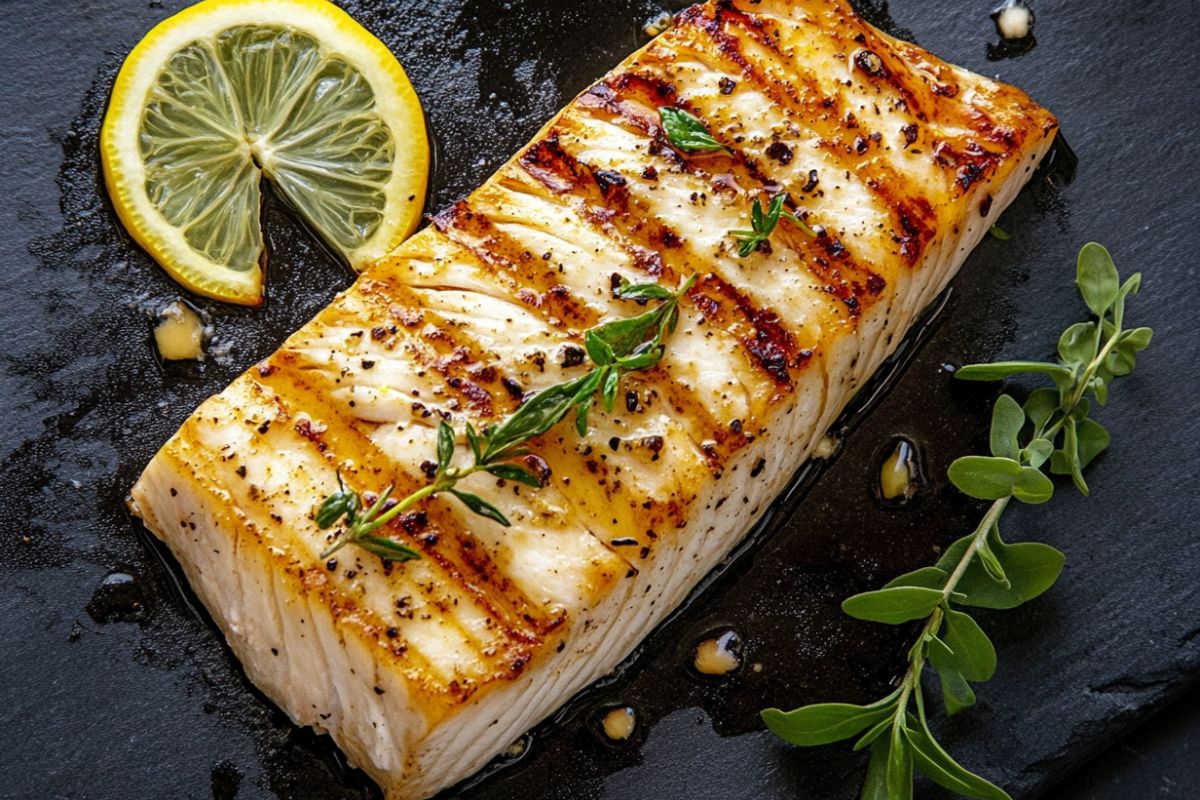 Grilled sturgeon steak showcasing its firm texture and mild flavor.