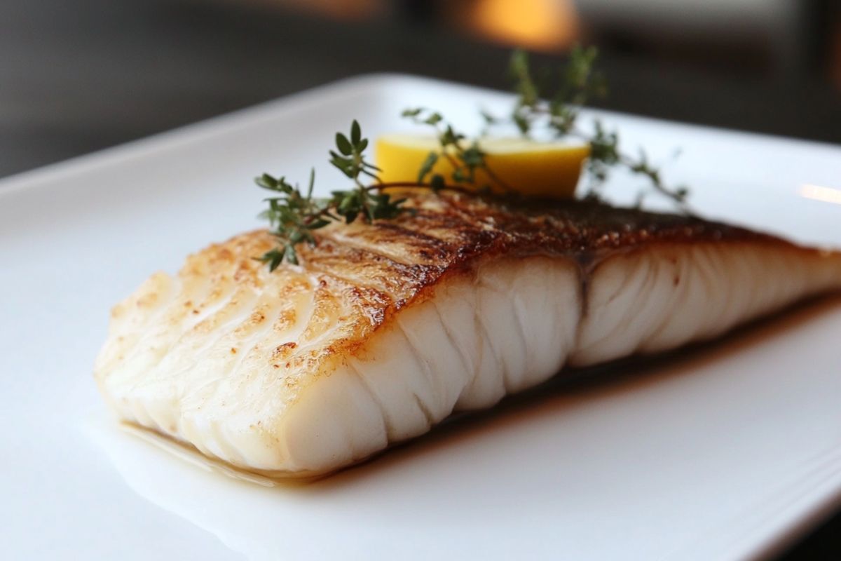 Freshly prepared sturgeon fillet garnished with herbs, served on a white plate showcasing its delicate texture.