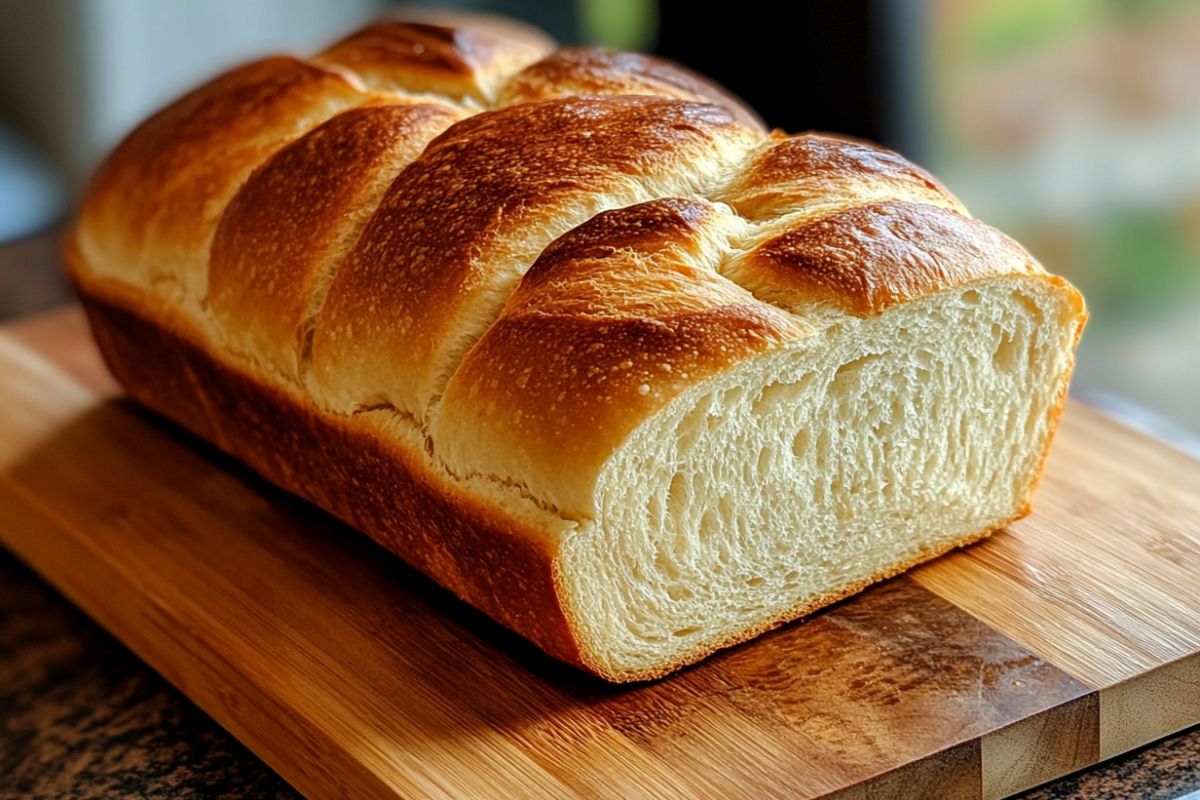 Soft sourdough sandwich bread with a golden crust and airy texture