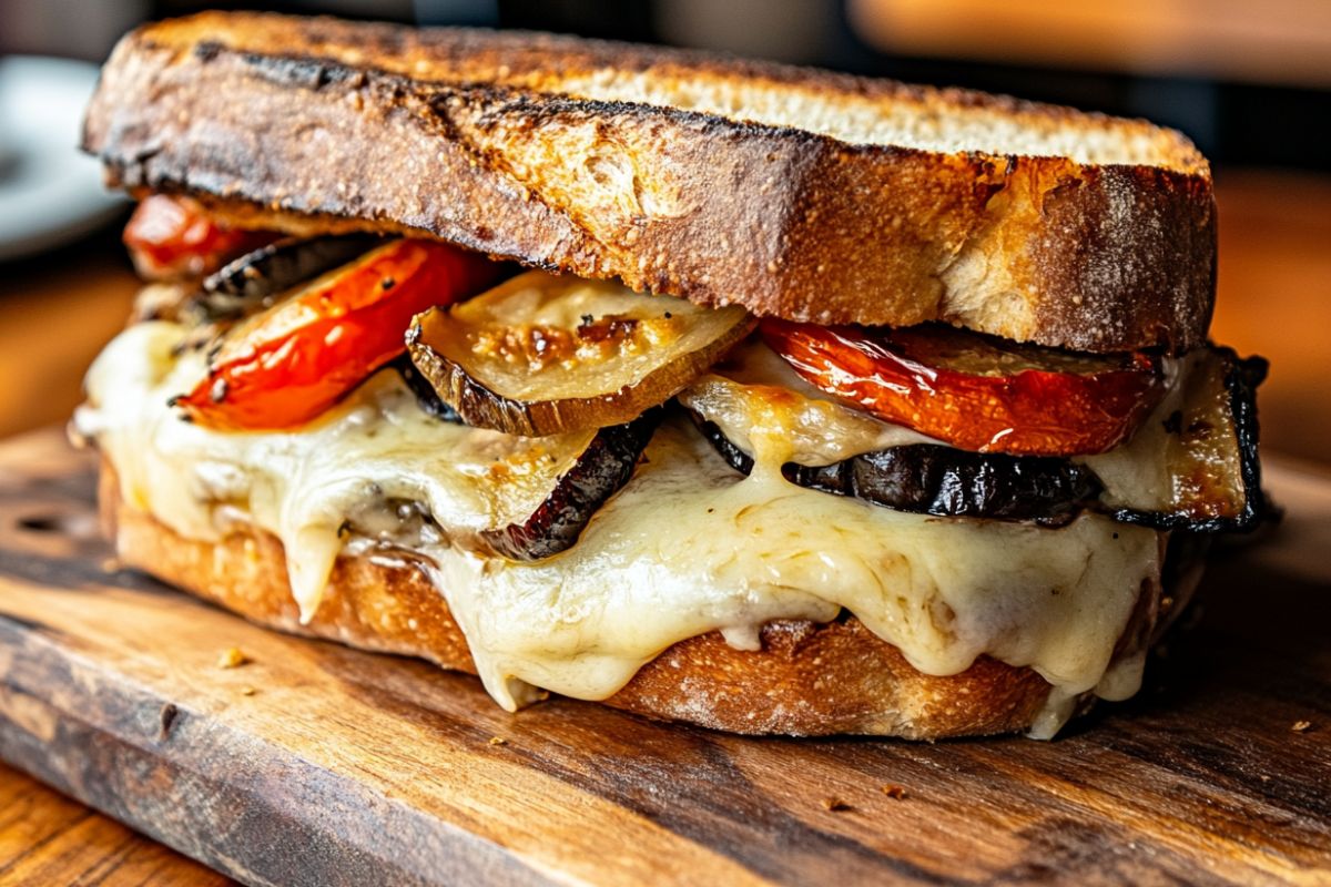 Sourdough sandwich with roasted vegetables and melted cheese on a cutting board