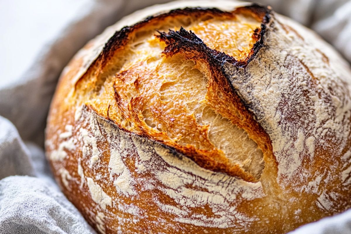 Freshly baked sourdough bread with a crispy crust and airy crumb