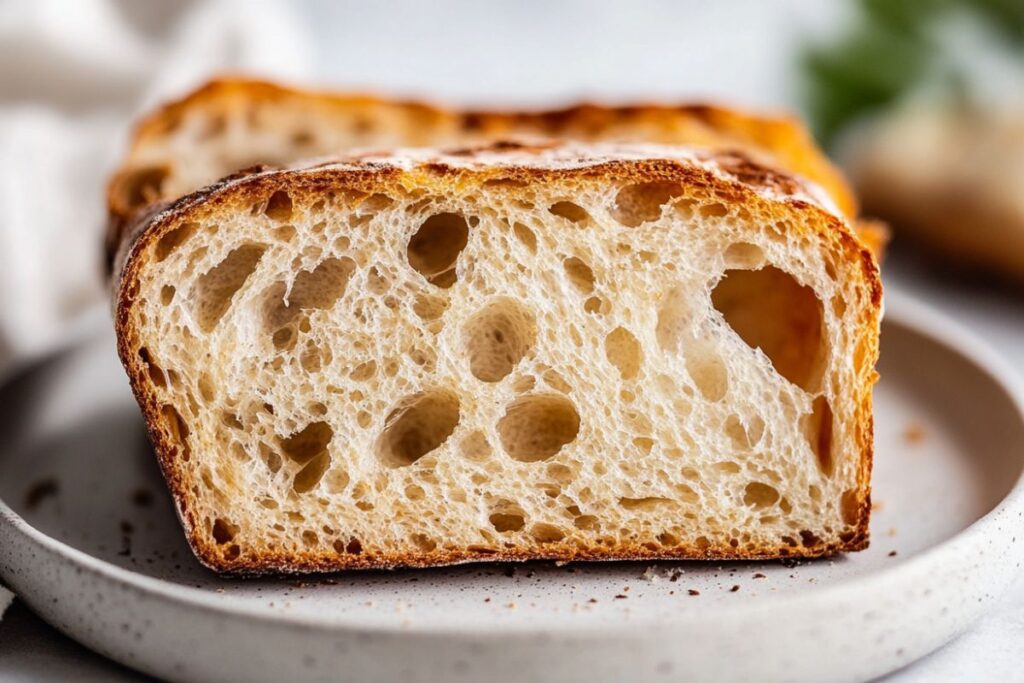 A slice of healthy sourdough bread showing its texture and natural fermentation process.