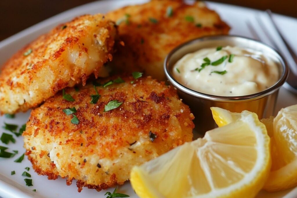 Golden Dungeness crab cakes with lemon aioli dip.