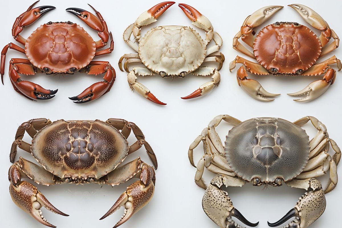 Close-up of a Dungeness crab next to other crab species, showing size and color differences.