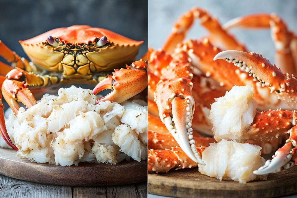 Dungeness crab and King crab comparison showing the size, taste, and texture differences between both types of crabs.