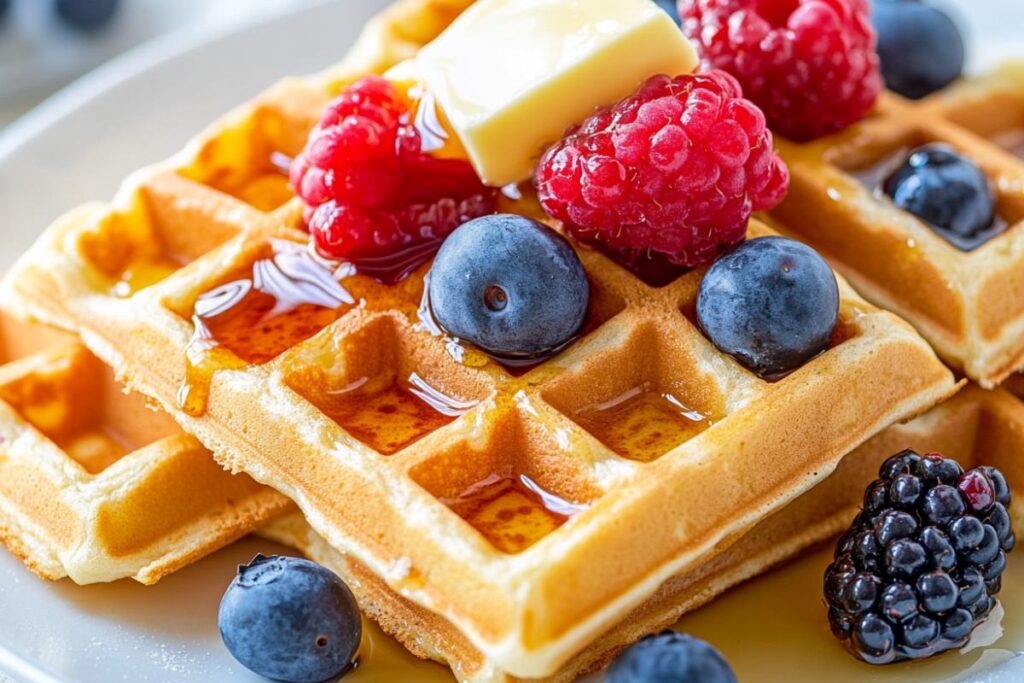 Golden sourdough discard waffles served with maple syrup and fresh berries