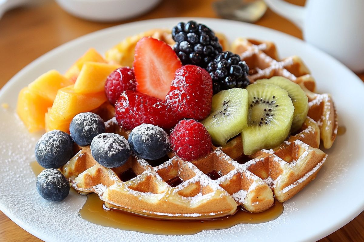 Close-up of crispy waffle bread with toppings like syrup and fresh fruit.