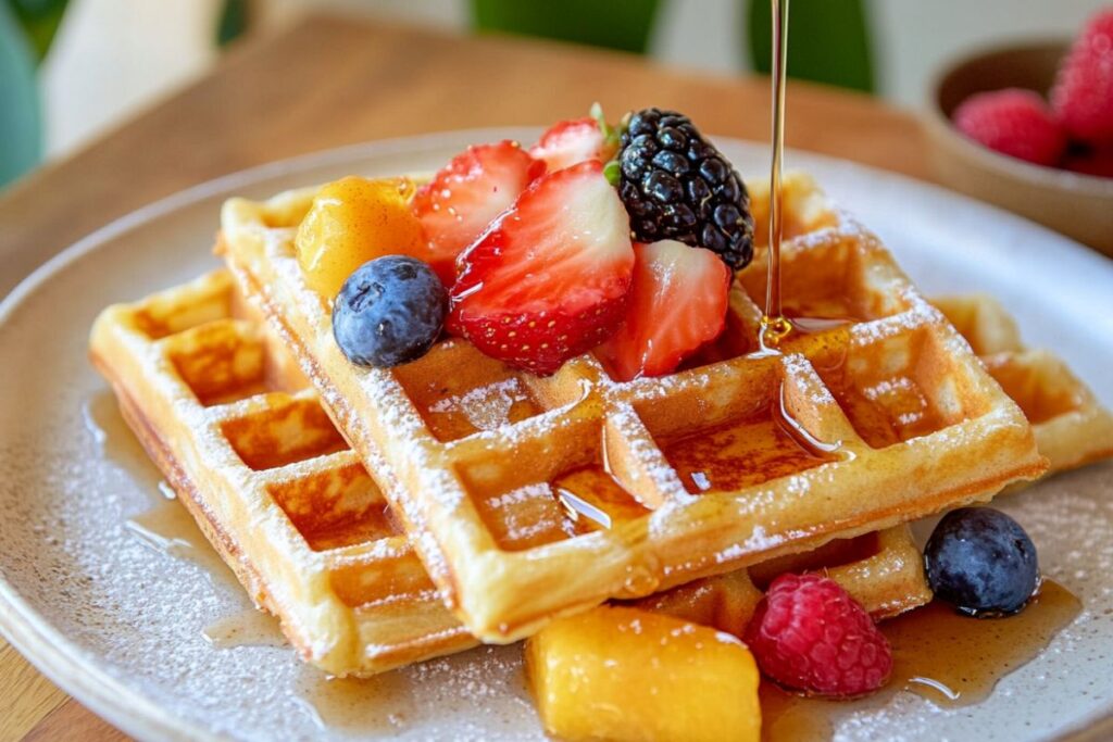 A bowl of waffle mix ingredients including flour, sugar, eggs, and butter ready to be mixed.